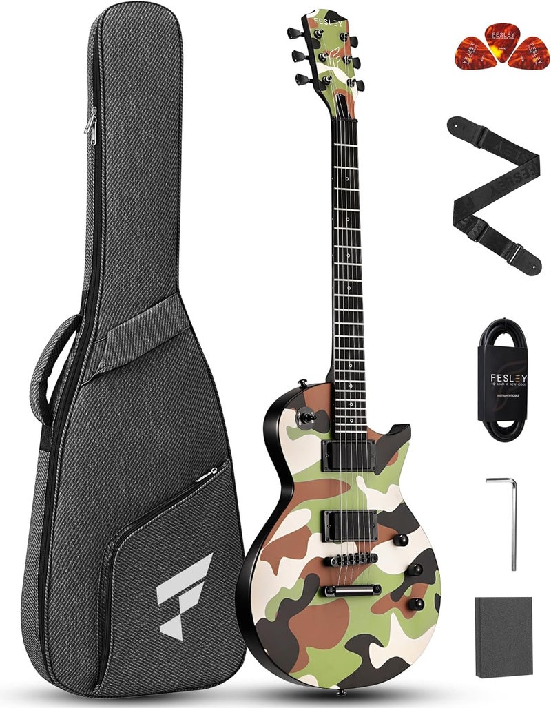 Fesley 39" LP Electric Guitar Kit: Full Size Solid Body Electric Guitars for Beginners with Humbucker Pickups,Poplar Body,Mahogany Neck,22 Frets,6 String Guitar with Gig Bag, FLP400,Matte,Camouflage - Image 1